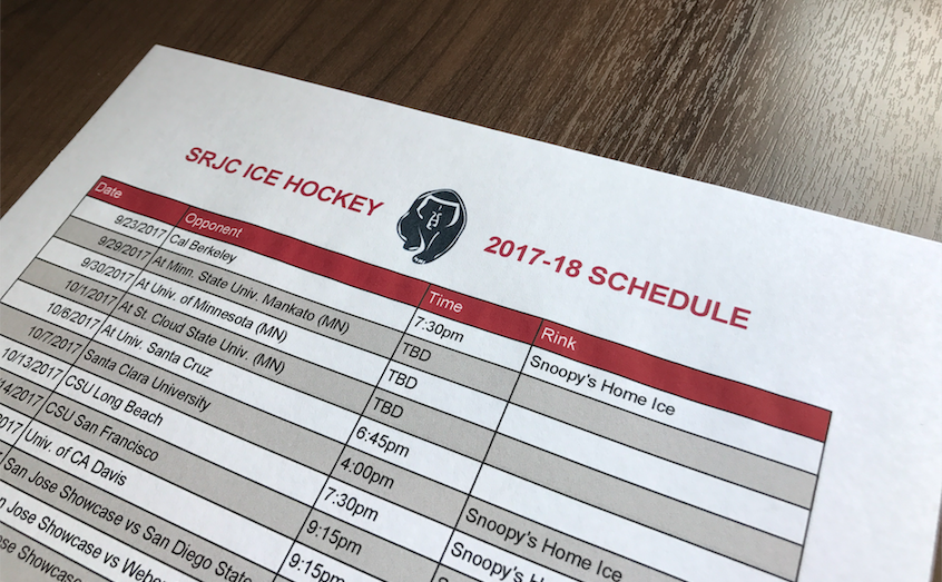 SRJC Hockey Schedule 2017-2018